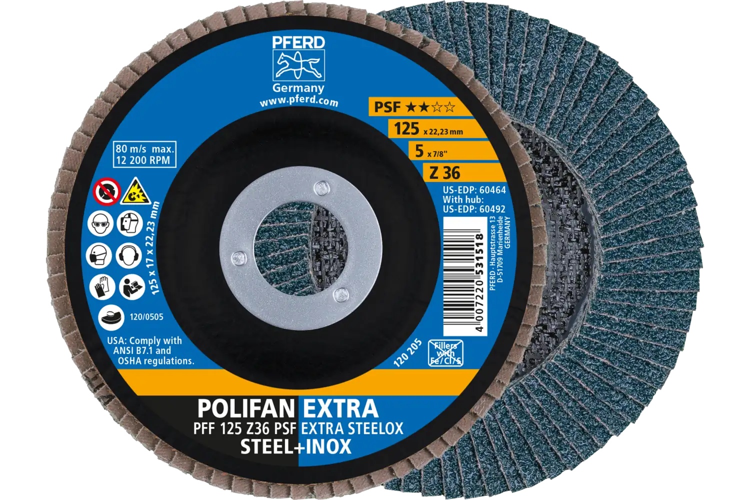 Picture of Pferd Flap Disc, 5" x 7/8, Z PSF Extra Steelox, 36 Grit, T27, Flat, Zirconia
